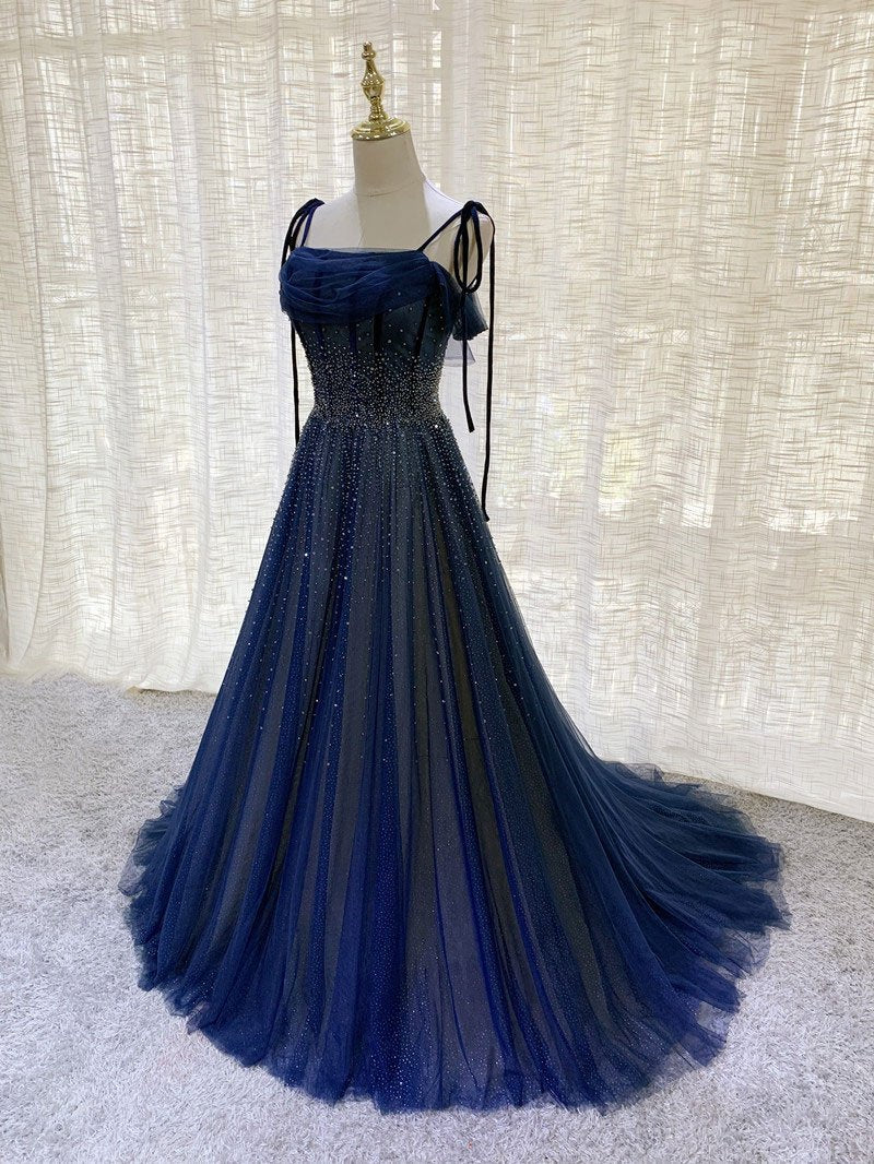 Dark blue tulle sequin long prom dress, dark blue evening dress