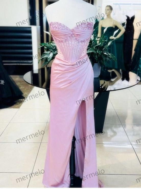 Elegant Sheath Sweetheart Sequin Pink Satin Slit Prom Dresses Evening Dress
