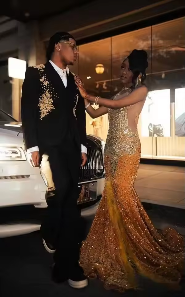 Luxury Golden Sequin Prom Dresses Crystal Rhinestone Mermaid Party Gowns For Black Girls African Evening Dress Customized