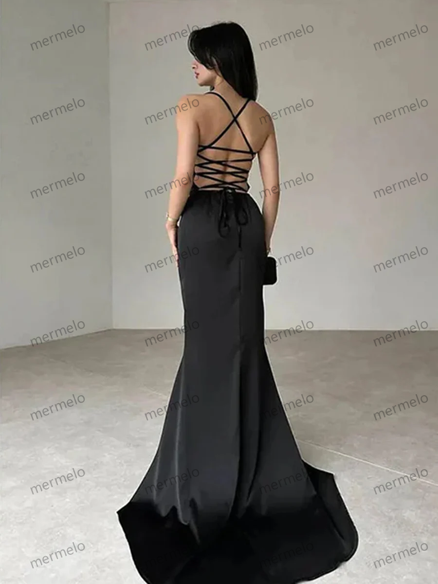 Black Satin Mermaid Straps Long Formal Dress, Black Satin Prom Dress