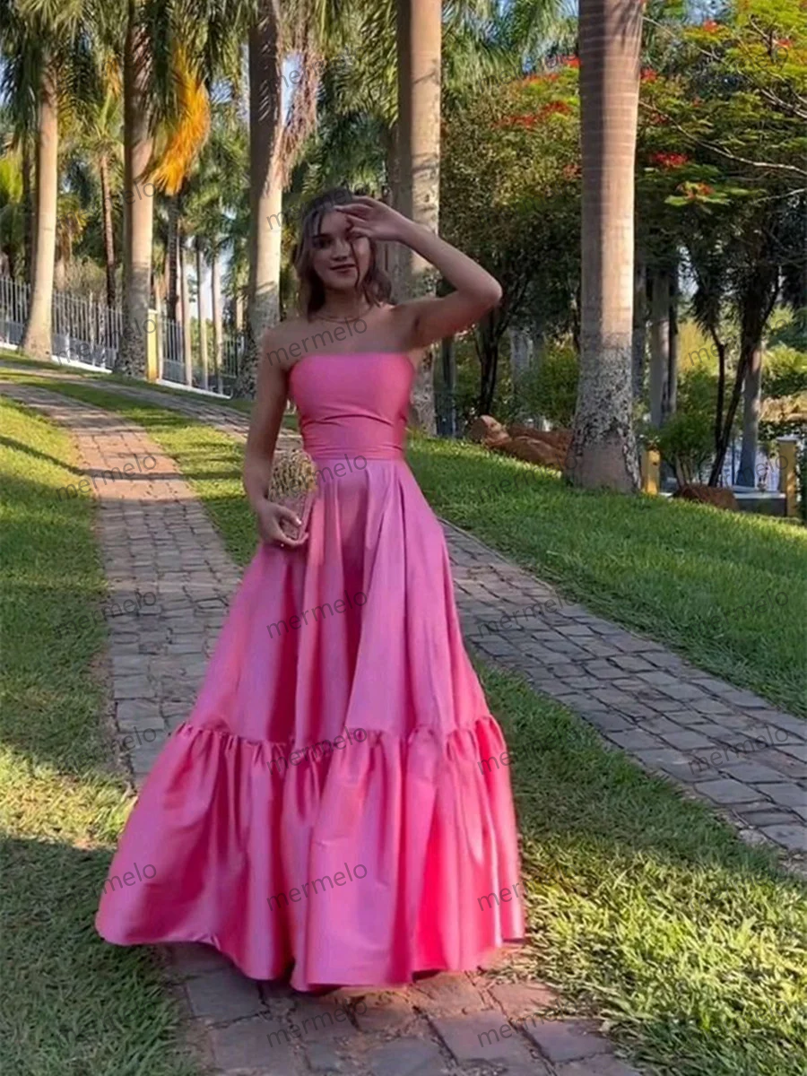 Pink Satin A-line Scoop Floor Length Prom Dress, Pink Satin Party Dress