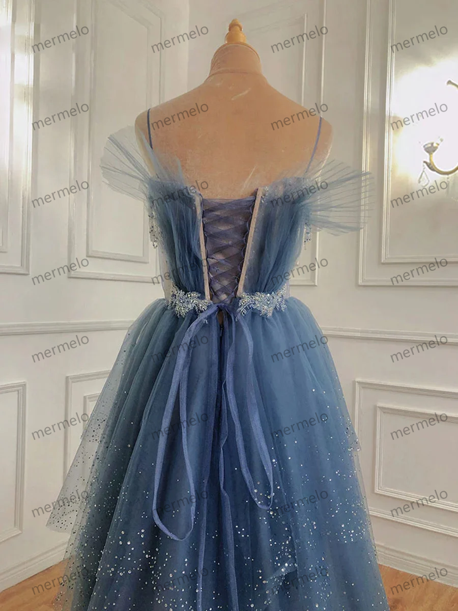 Glam Dark Blue Beaded Long Tulle Party Dress, Dark Blue Prom Dress