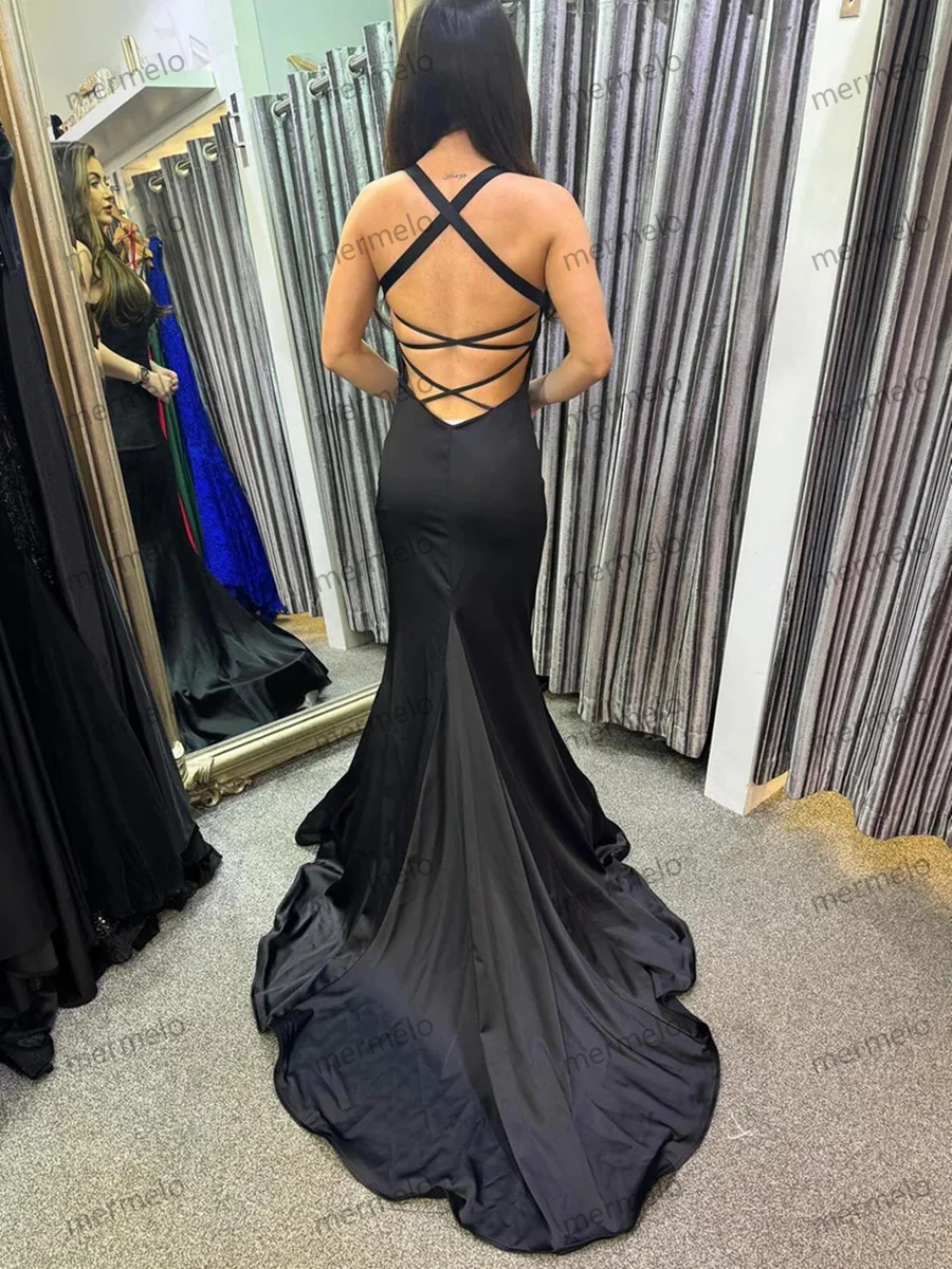 Black Satin Mermaid Long Prom Dresses, Mermaid Black Cross Back Party Dress