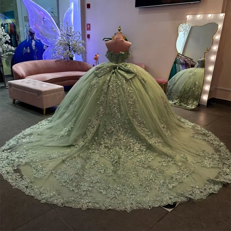Customized Sage Green Ball Gown Quinceanera Dress With Shiny Lace 3D Appliques Off Shoulder vestidos de fiesta
