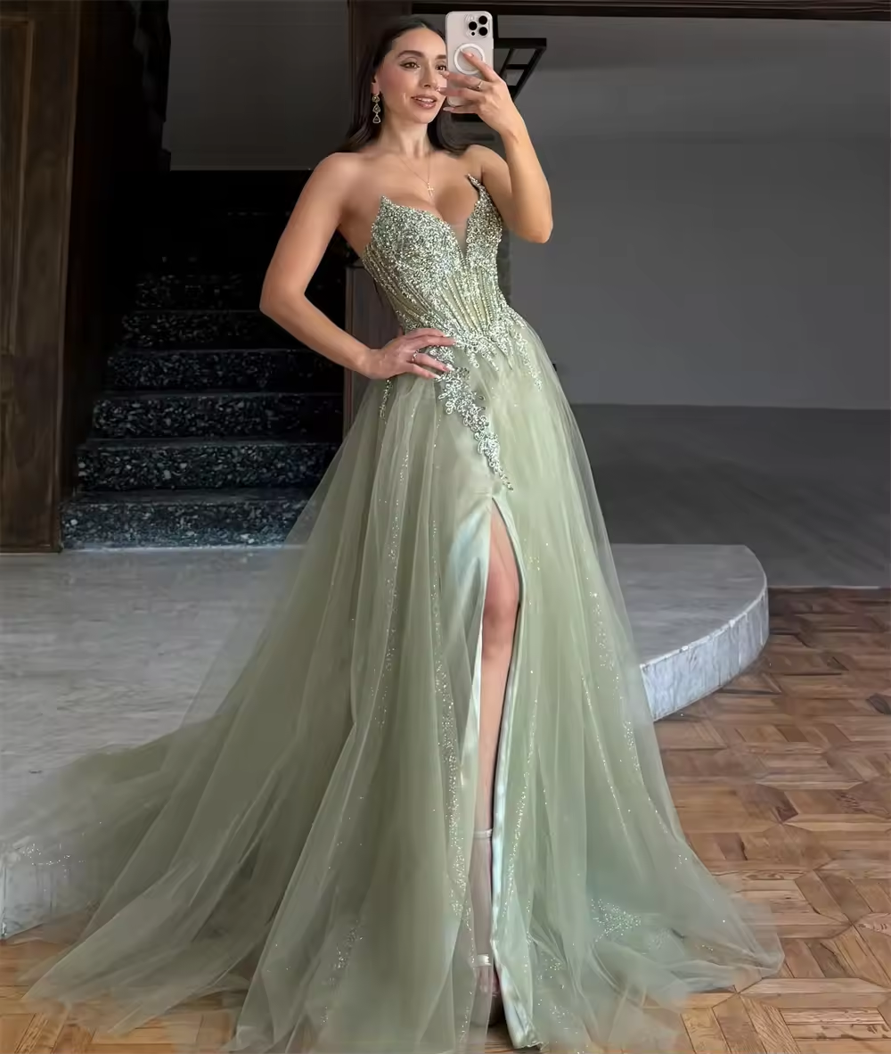 Light Green Embroidered V Neck Prom Dress Side High Split Tulle vestidos de noiva Customize A-line Floor-length Graduation