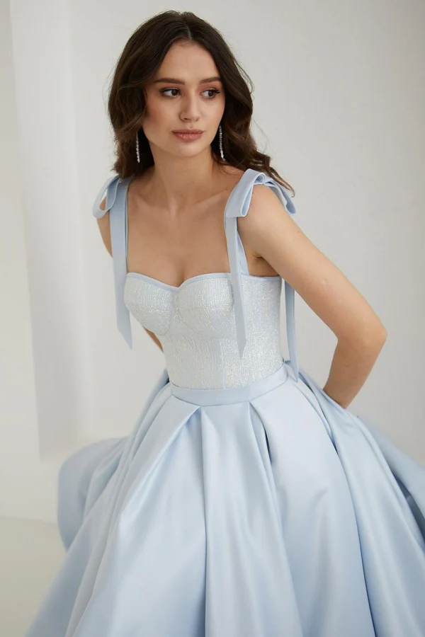 Elegant A-Line Sweetheart Neck Straps Sequins Tea Length Satin Prom Dress Evening Gown Formal Party Dress
