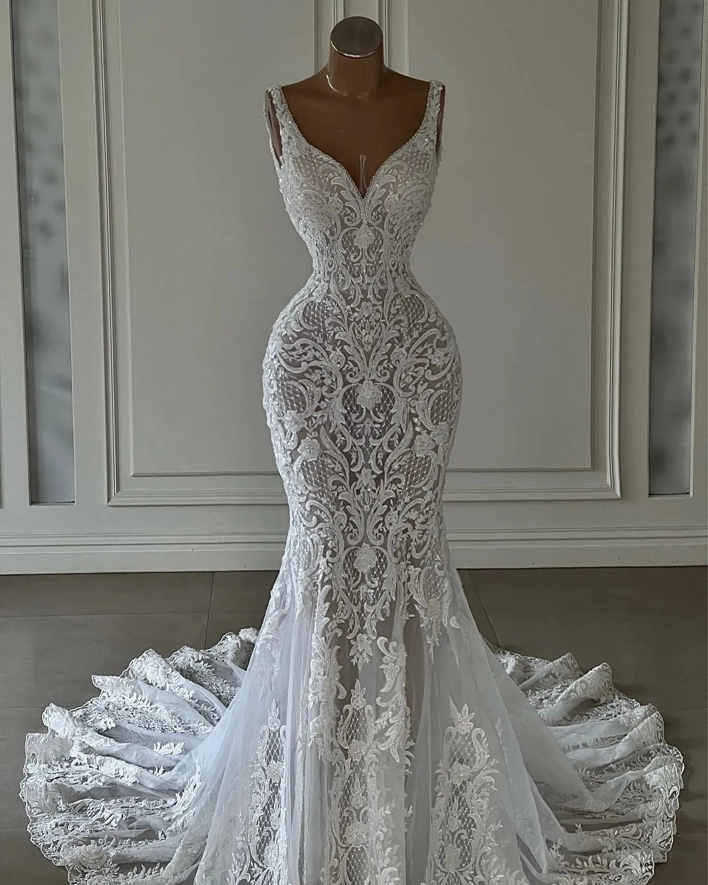 Elegant Full Lace Mermaid Wedding Dresses V Neck Lace Appliqued Boho Country Bridal Party Gowns Vestidos De Novia