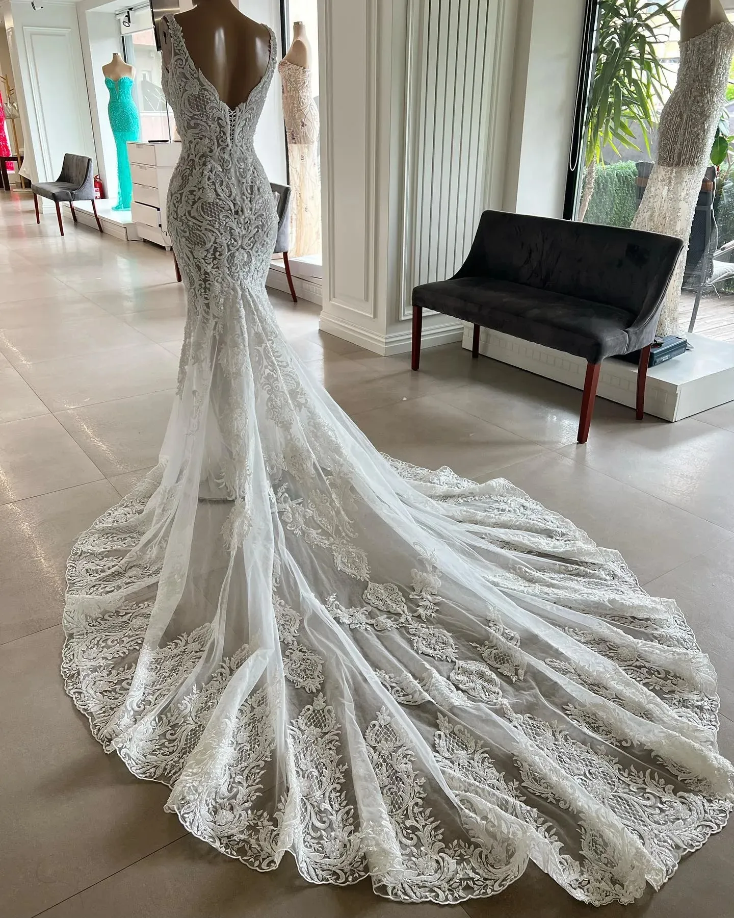 Elegant Full Lace Mermaid Wedding Dresses V Neck Lace Appliqued Boho Country Bridal Party Gowns Vestidos De Novia