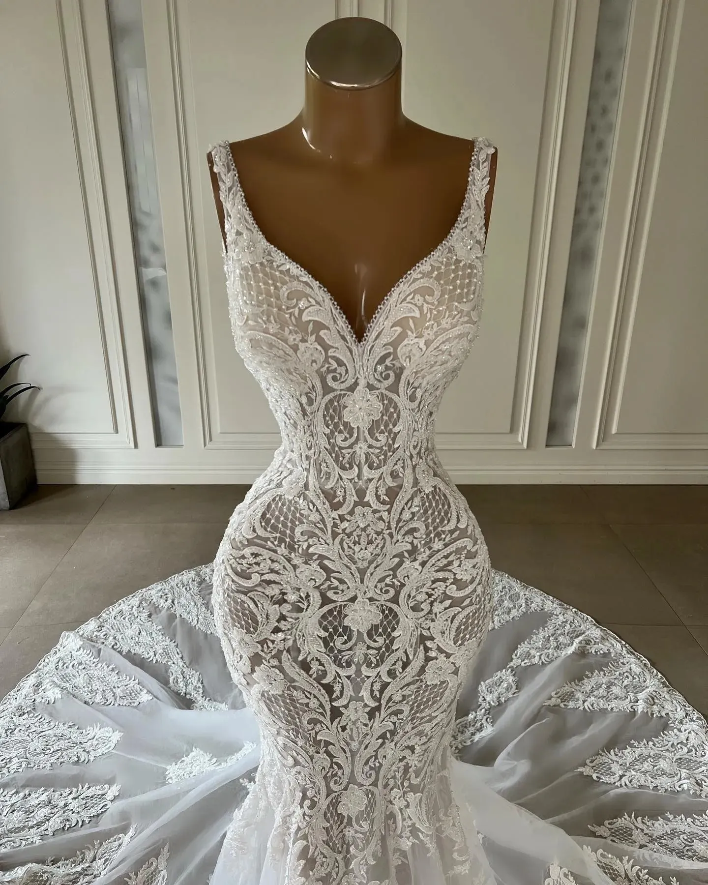 Elegant Full Lace Mermaid Wedding Dresses V Neck Lace Appliqued Boho Country Bridal Party Gowns Vestidos De Novia