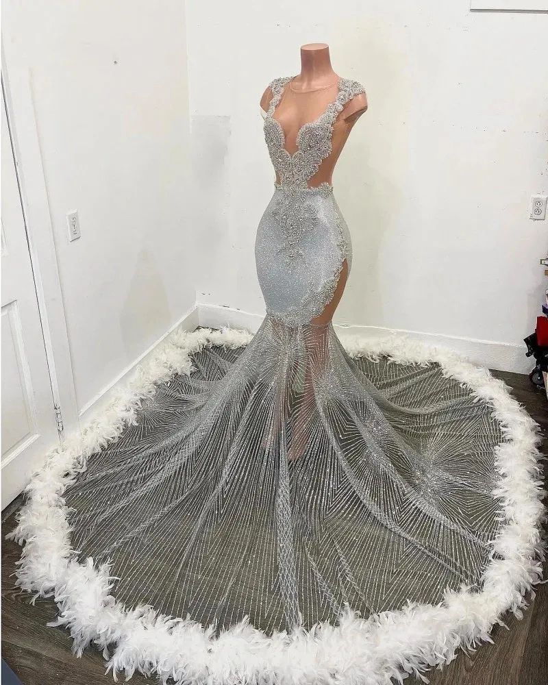Black Girls Feathers Prom Dresses Beading African Women Mermaid Party Gowns Sequin Evening Dress Vestidos De Graduacion