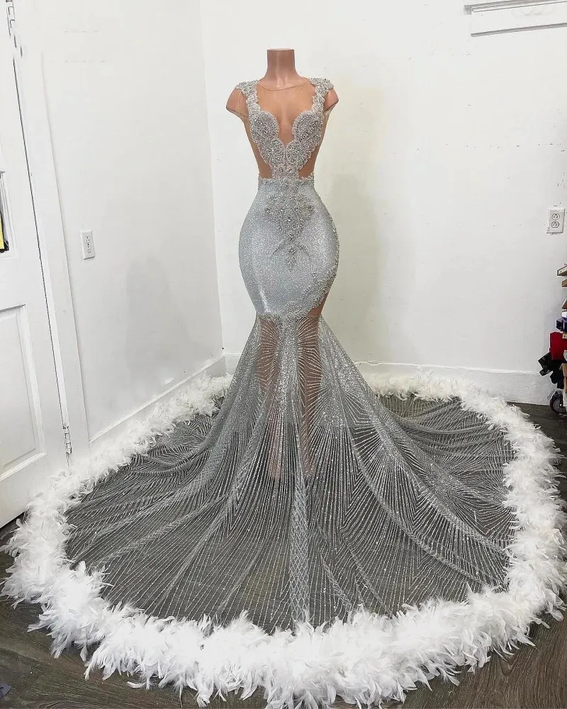 Black Girls Feathers Prom Dresses Beading African Women Mermaid Party Gowns Sequin Evening Dress Vestidos De Graduacion
