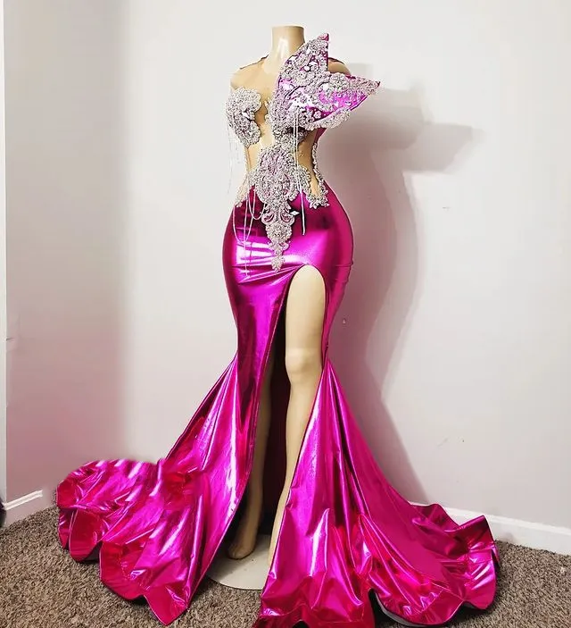 Fuchsia Aso Ebi African Evening Dresses Mermaid Sheer Appliques Beaded mermelo Fuchsia Aso Ebi African Evening Dresses Mermaid Sheer Appliques Beaded mermelo