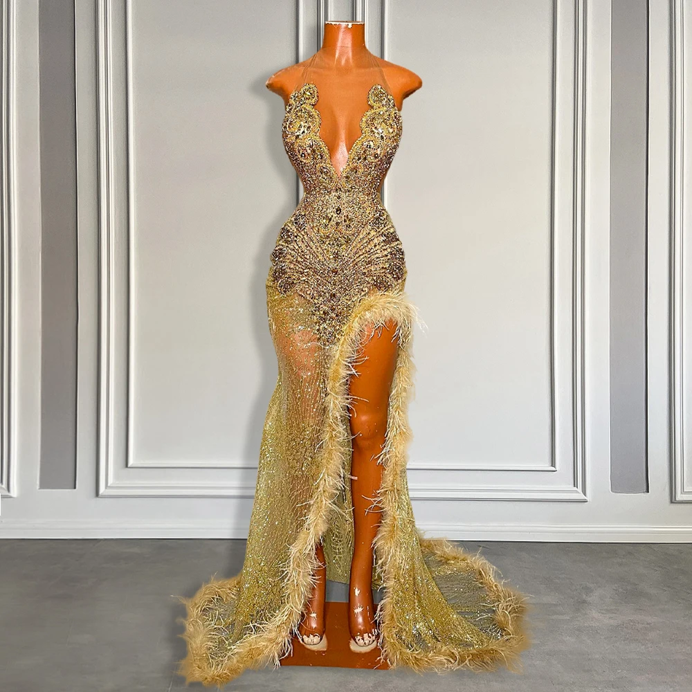 Sexy Golden Sequins Mermaid Prom Dress Feather High Slit Black Girls P   mermelo