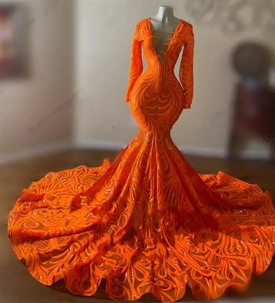 Luxury Orange O Neck Long Prom Dress For Black Girls Appliques Birthday Party Gown Mermaid Celebrity Dresses Robe De Soir