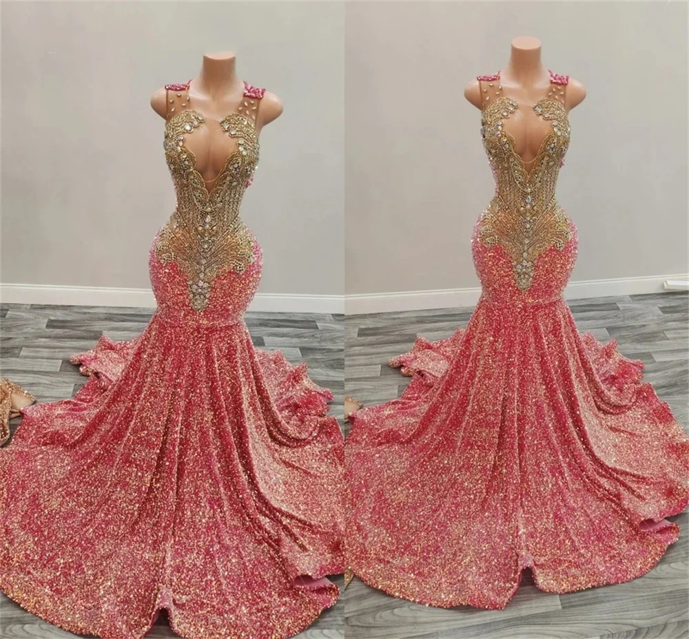 Pink O Neck Long Prom Dress For Black Girls Beaded Crystal Birthday Party Dresses Sequined Evening Gowns Robe De Bal