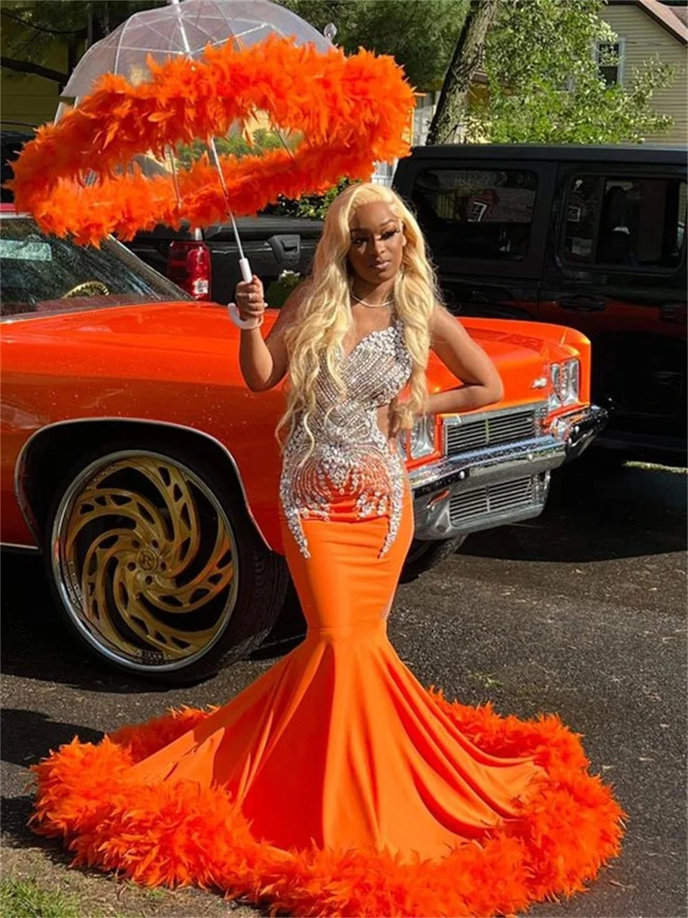 Orange Crystal Orange Feathers Long Prom Dresses For Black Girls African Mermaid Birthday Evening Party Gown Robe De Soiree