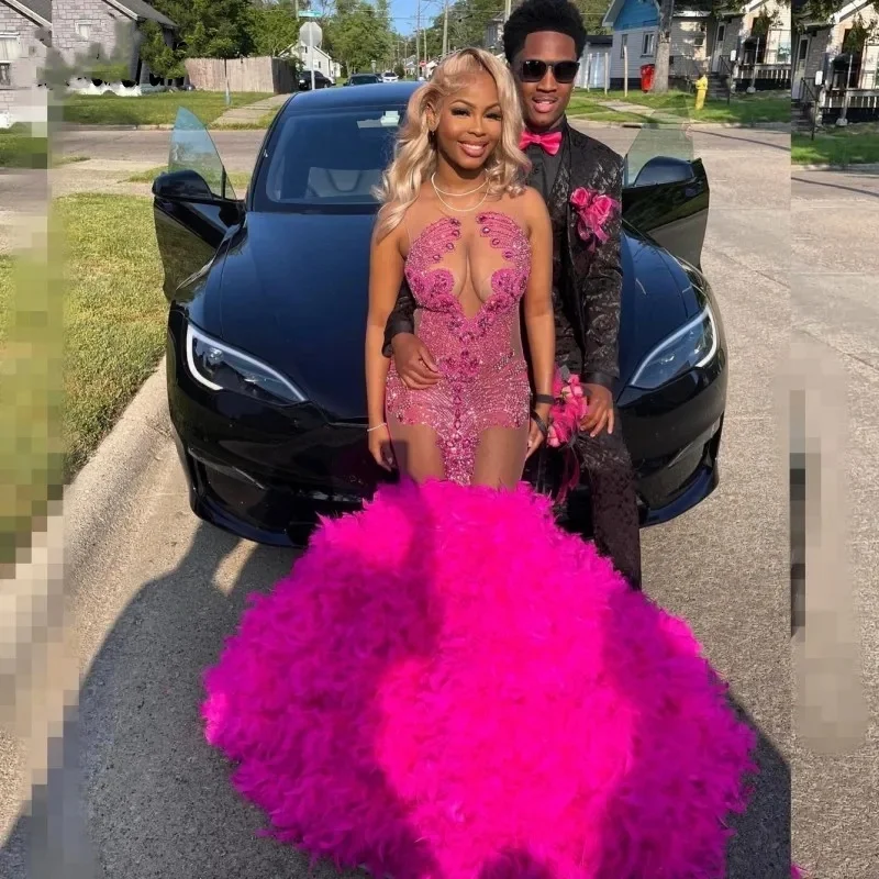 Hot Pink Prom Dress For Black Girls 2024 Rhinestone Feathers Mermaid P   mermelo