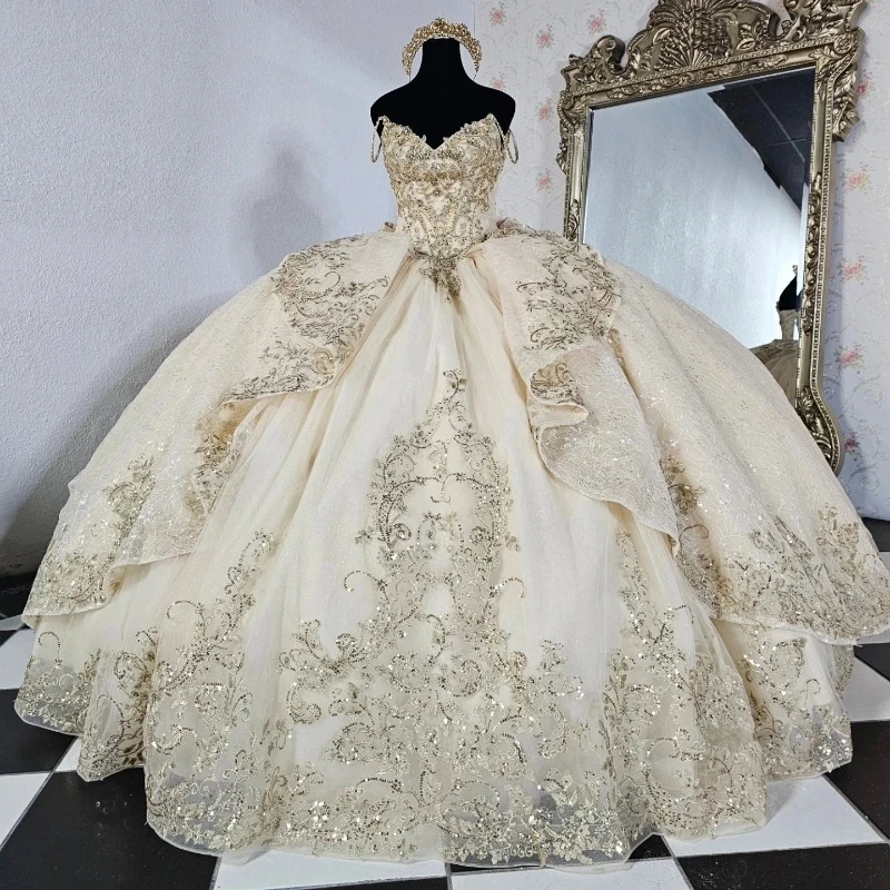 Light Champagne Quinceanera Dresses Off the Shoulder Lace Applique Tul –  mermelo