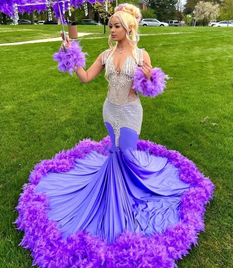 Luxury Purple Prom Dresses For Black Girls Rhinestone Feathers African Women Mermaid Party Gowns Vestidos De Festa