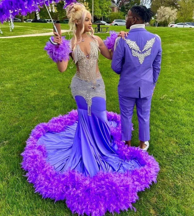 Luxury Purple Prom Dresses For Black Girls Rhinestone Feathers African Women Mermaid Party Gowns Vestidos De Festa