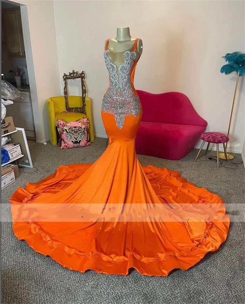 Sexy Crystal Bead Orange Long Prom Dresses For Black Girl Mermaid Birthday Party Dress Evening Gown Robe De Bal