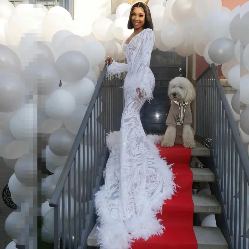 White Prom Dresses For Black Girls V Neck Rhinestone Sequin Party Gowns Long Sleeves Feathers Vestidos De Festa