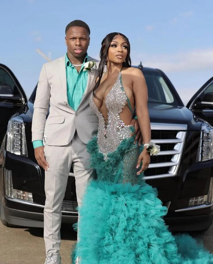 Turquoise Mermaid Long Evening Dress for Women Silver Diamond Crystal Ruffles Skirt Black Girl Birthday Gown vestidos de gala
