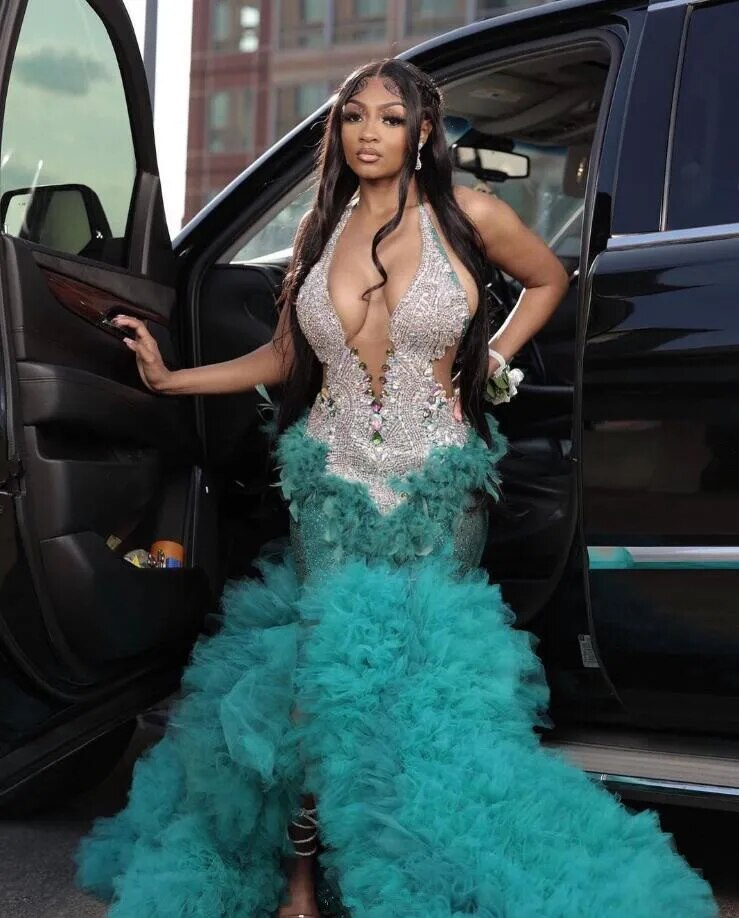 Turquoise Mermaid Long Evening Dress for Women Silver Diamond Crystal Ruffles Skirt Black Girl Birthday Gown vestidos de gala