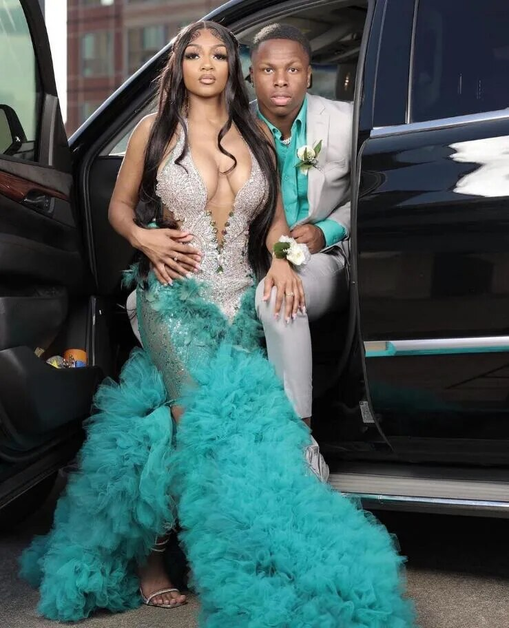 Turquoise Mermaid Long Evening Dress for Women Silver Diamond Crystal Ruffles Skirt Black Girl Birthday Gown vestidos de gala