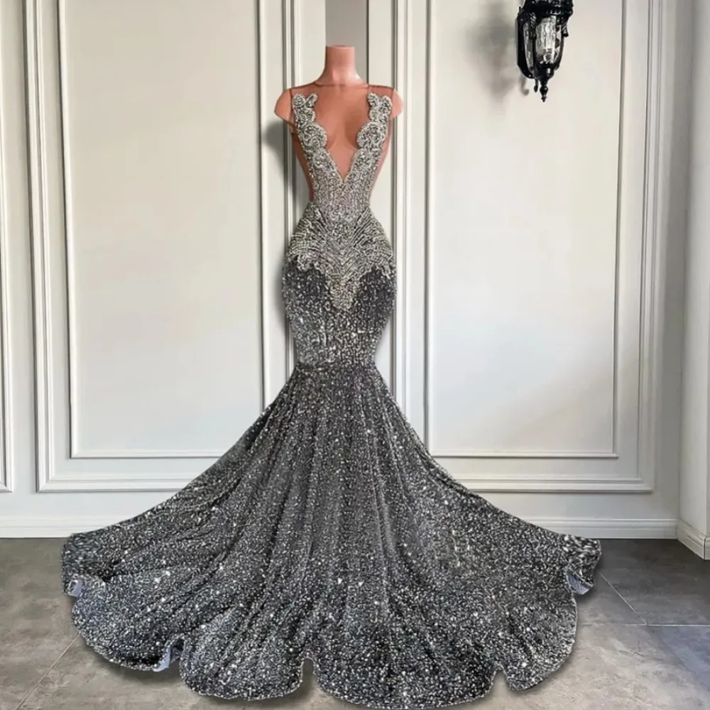 Sexy Long Sparkly Prom Dresses Sheer O-neck Luxury Silver Crystals Sequin Mermaid Black Girl Grey Evening Formal Gowns