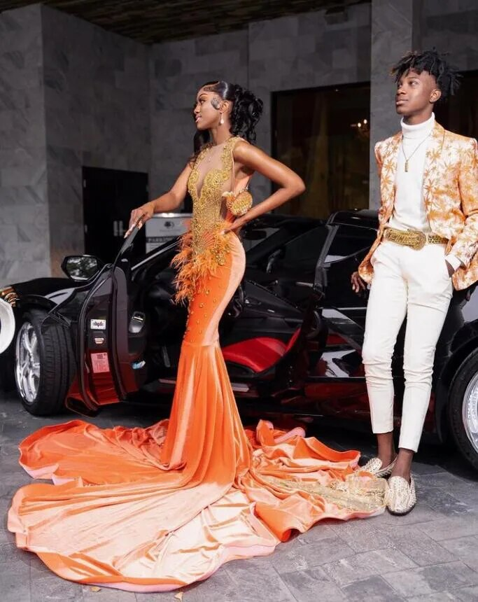 Orange Luxury Long Mermaid Prom Dresses for Women 2024 Sparkly Diamond Velvet African Black Girl Evening Gala Gown