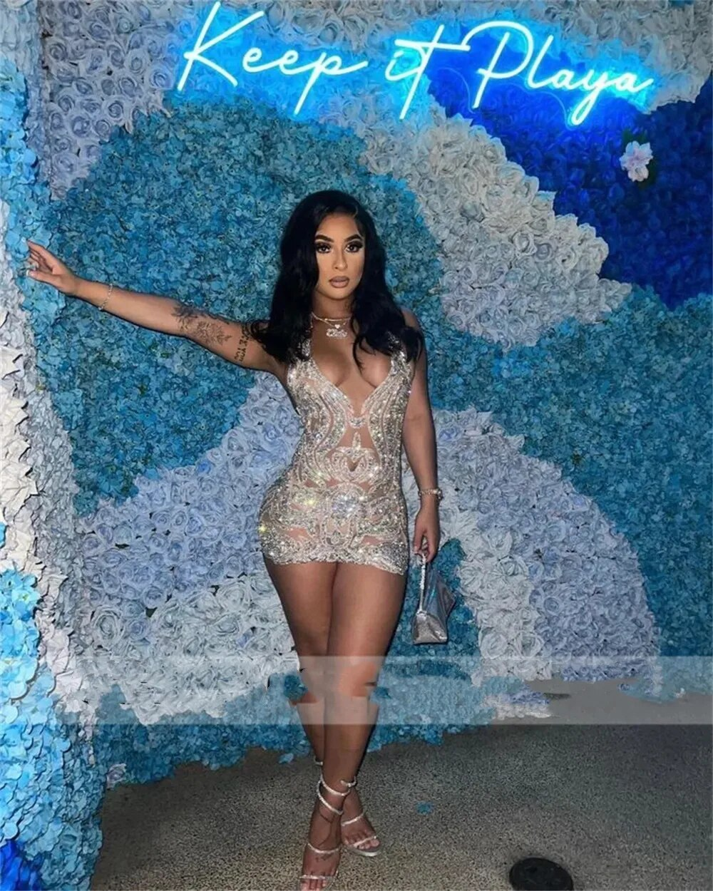 Sheer Mesh Halter Sliver Crystal Beaded Prom Dresses Sexy Mermaid Birthday Dress Black Girl Backless Luxury Mini Cocktail Gowns