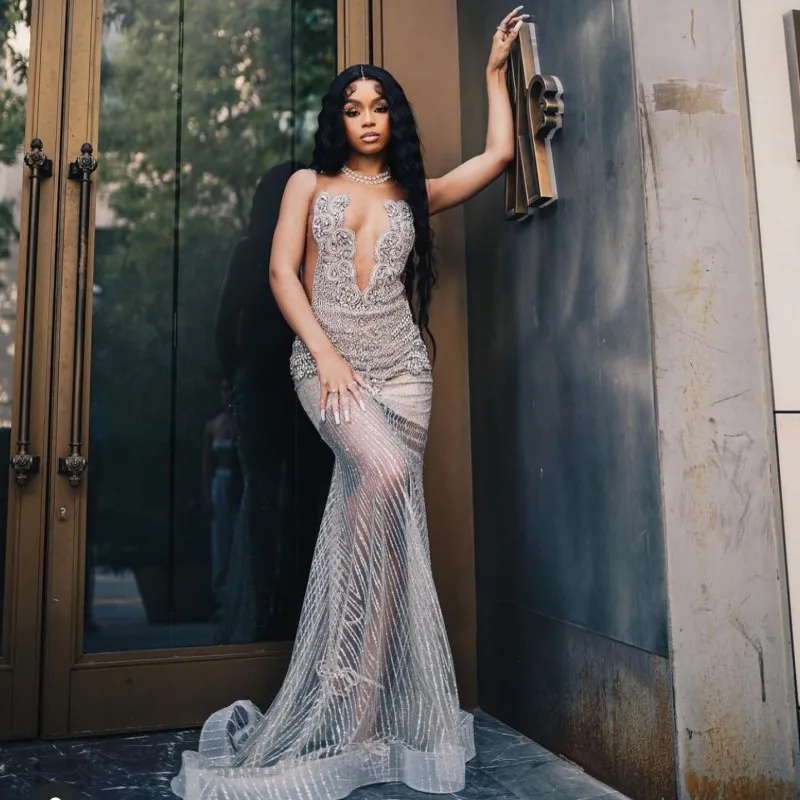 Sexy See Through Prom Dresses For Black Girls Diamond Mermaid Party Gowns Sequin Evening Birthday Dress Women