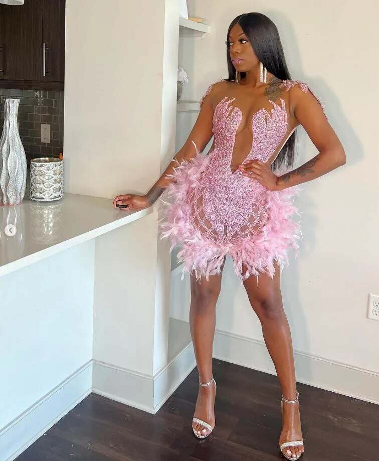 pink Short Prom Dress For Black Girls Beaded Evening Gown Feathers Birthday Party Gowns Mermaid Robe De Bal Aso Ebi