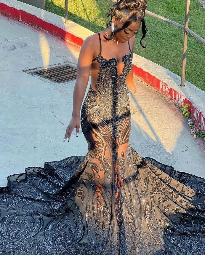 Luxury Trumpet Long Evening Formal Dress for Women Crystal Diamond Applique Black Girl Prom Queen Gown vestidos para mujer
