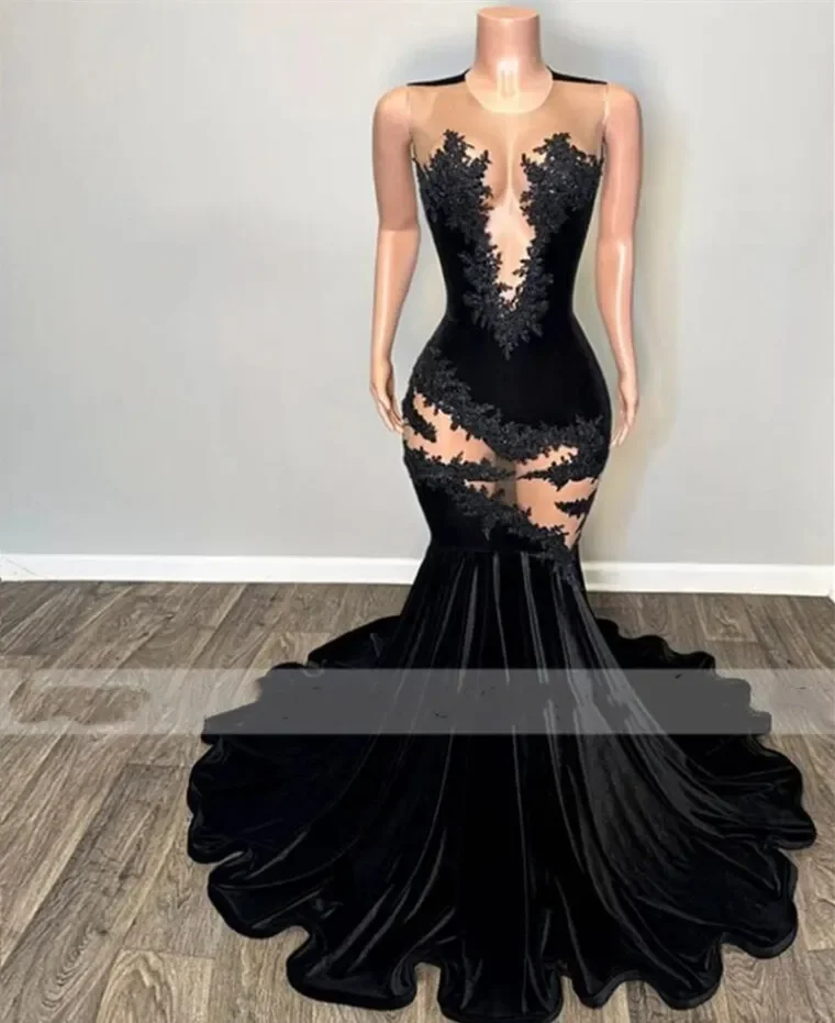 Sexy Black Lace Applique Mermaid Black Girl Prom Dress Velvet Beads Sheer Graduation Formal Party Evening Gowns Robe De Bal
