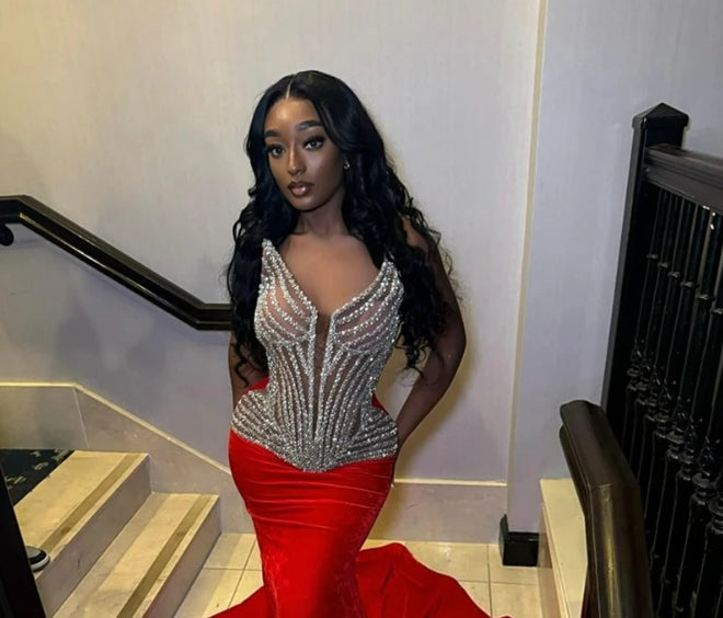 Red Velvet V Neck Long Prom Dress For Black Girls Beaded Birthday Party Dresses Mermaid Evening Gowns Robe De Bal