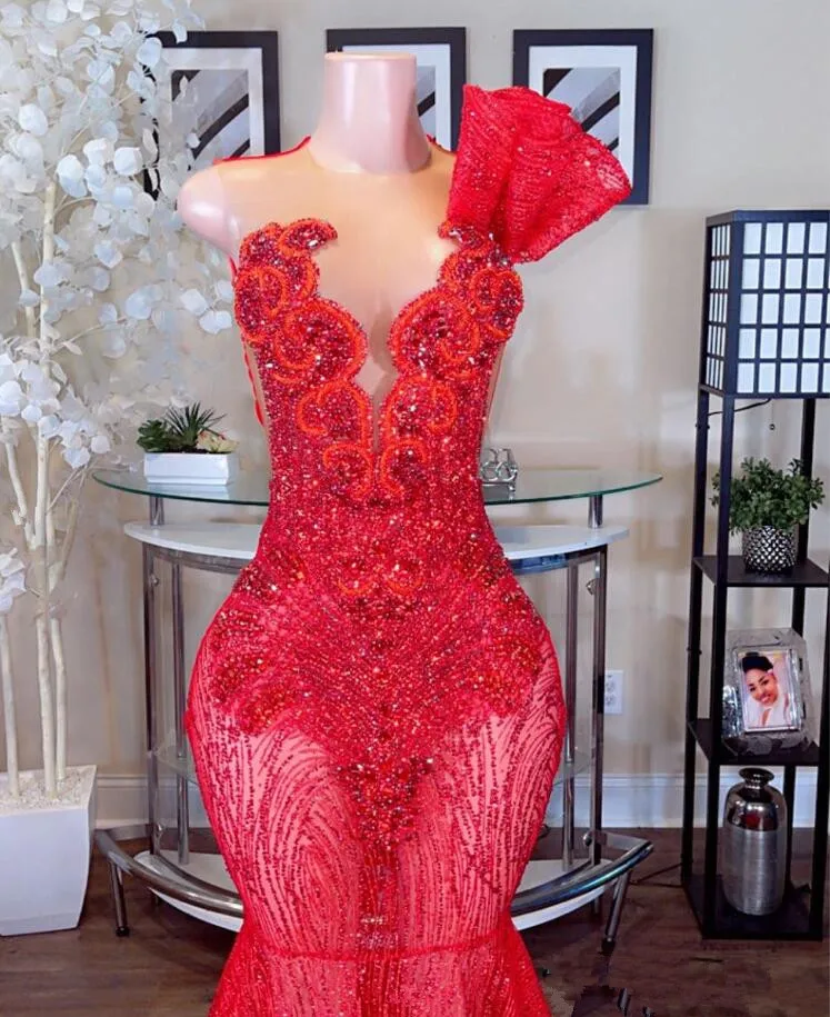 Red Luxury Long Trumpet Evening Formal Dresses for Women Sparkly Crystal Gillter Skirt Prom Gala Gowns vestidos de festa