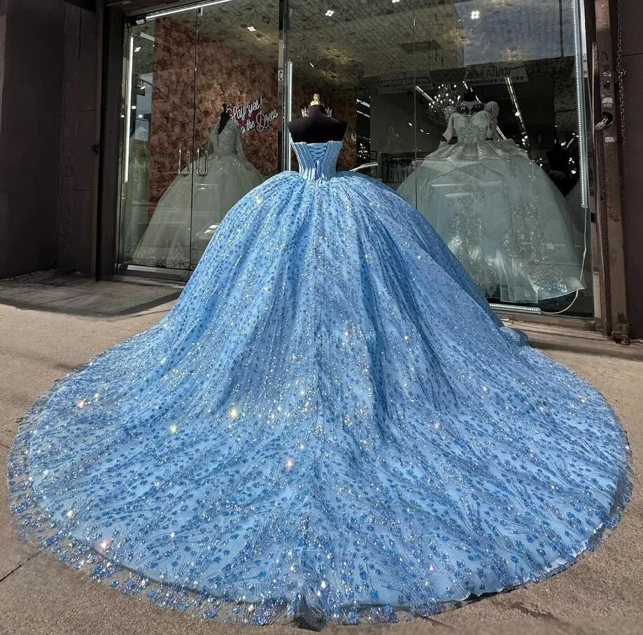 Ice Blue Sparkly Princess Quinceanera Dresses Boning Corset Pearls Beaded Gillter vestidos de 15 años quinceañeras