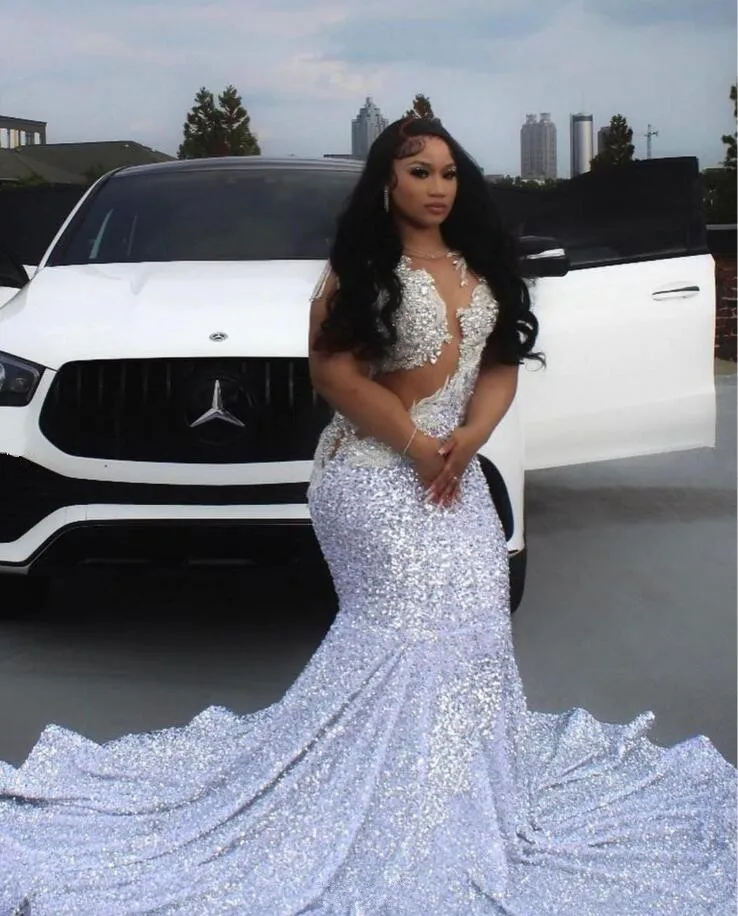 Silver Diamond Crystal Prom Party Dresses for Women Sparkly Velvet Sheer Mesh Black Girl Evening Reception Gown Long