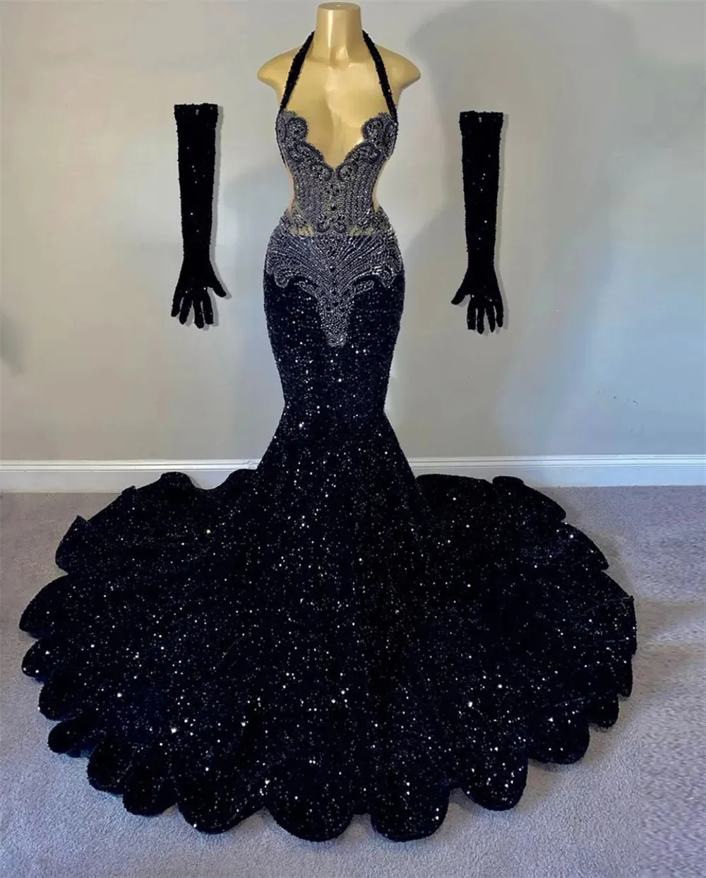Real Pictures Black Beaded Sequins Prom Dresses For Black Girls Mermaid New Arrival Evening Party Gowns Custom Made
