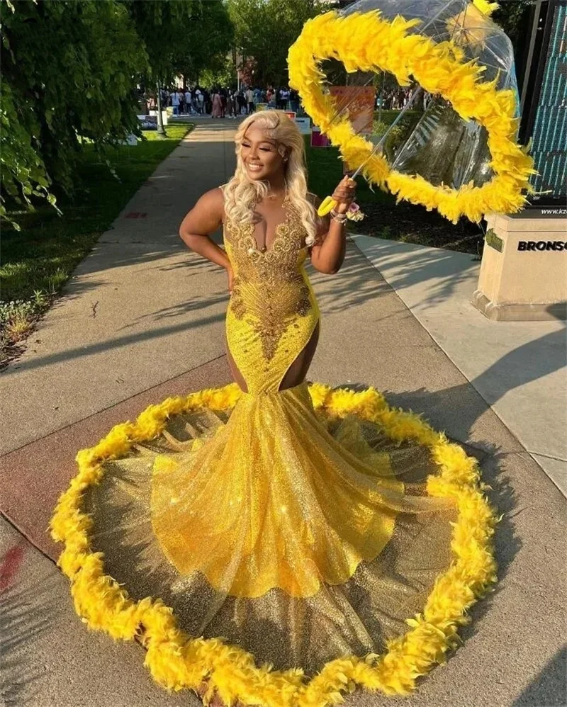 Sparkly Yellow Diamonds Mermaid Prom Dress Glitter Bead Crystals Rhinestones Feathers Luxury Birthday Party Gown Robe