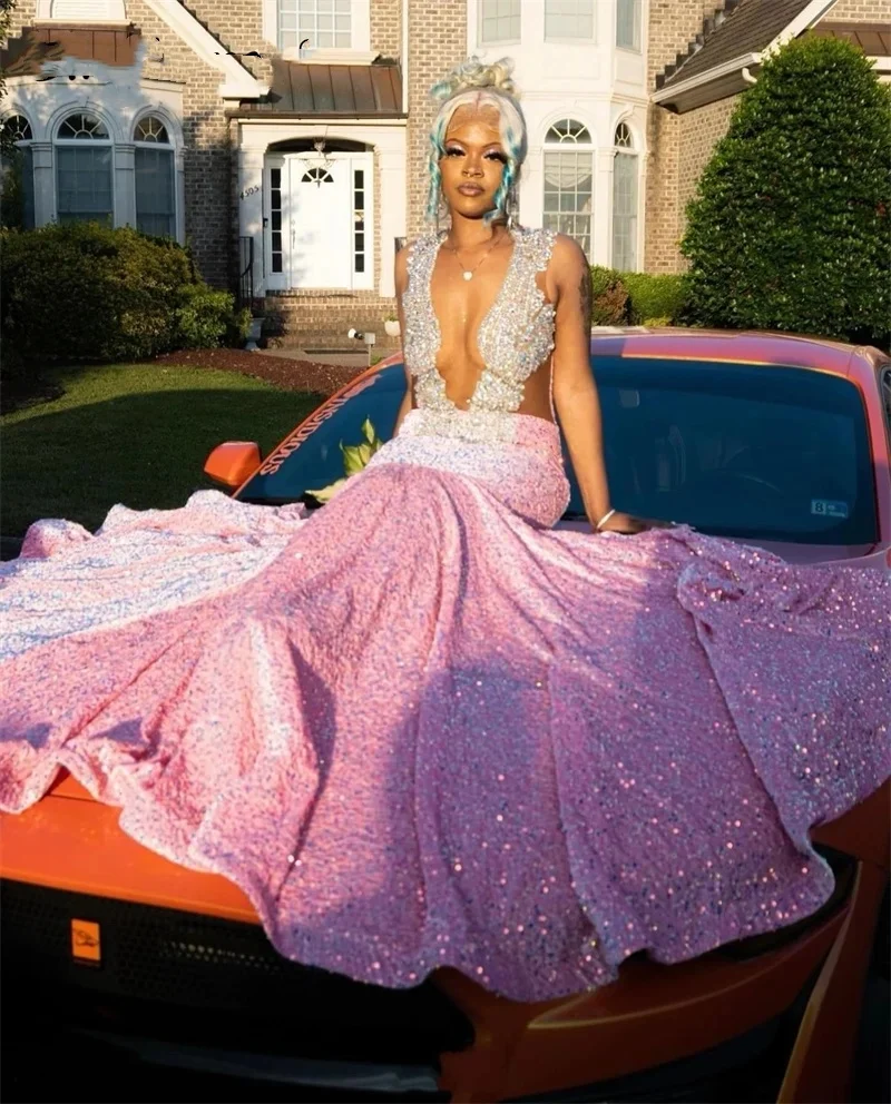 Luxury Pink Prom Dress For Black Girls Sparkly Crystal Rhinestones Bea – mermelo