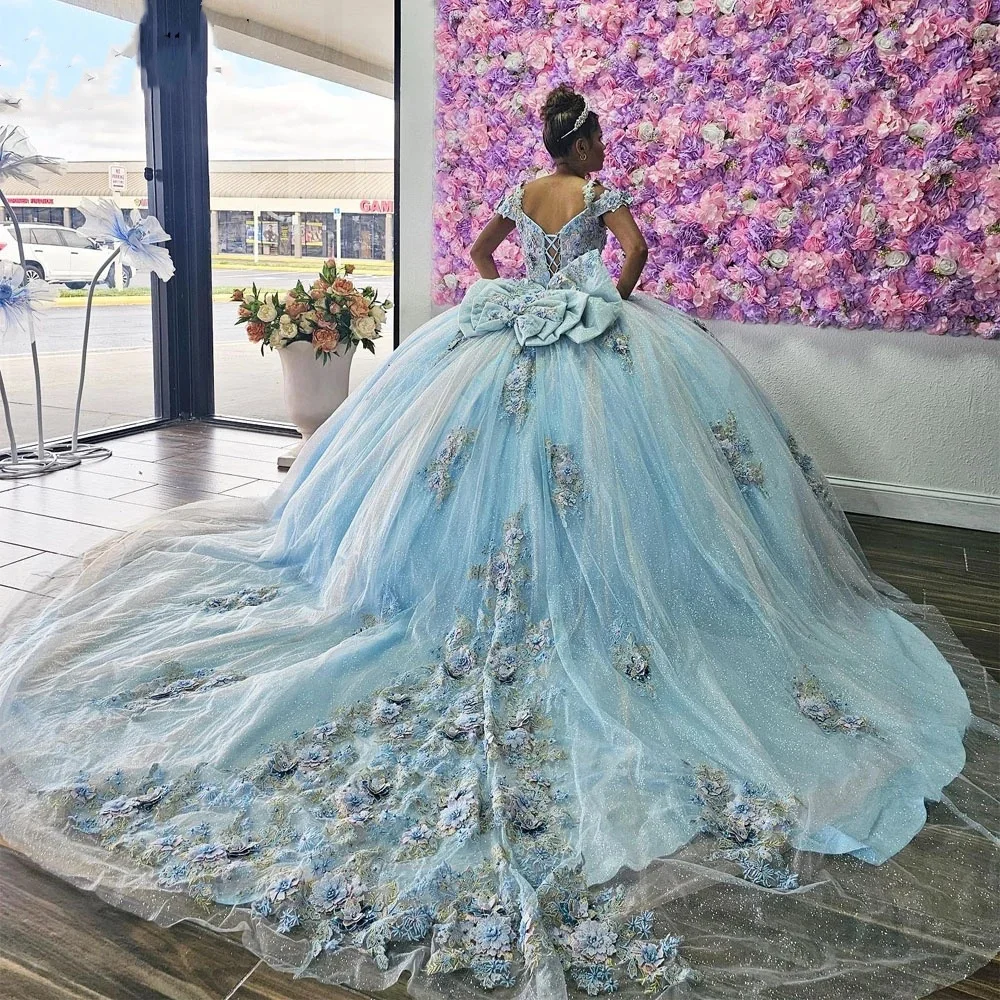 Sky Blue Quinceanera Dresses Ball Gown Floral Sweet 16 Dress Lace Appliques Off Shoulder