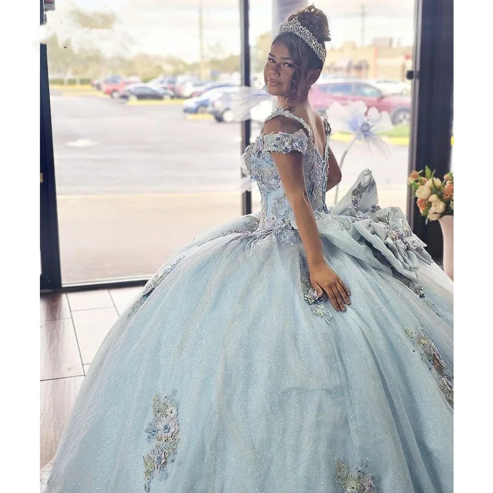 Sky Blue Quinceanera Dresses Ball Gown Floral Sweet 16 Dress Lace Appliques Off Shoulder