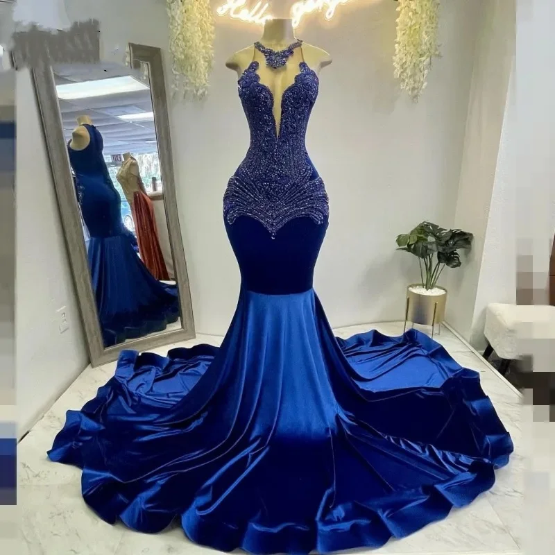 Sexy Royal Blue Velvet Vestidos De Gala Mermaid Prom Dresses For Black Girls Crystal Robe De Soiree Evening Birthday Party