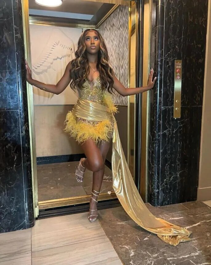 Luxury Glitter Gold Homecoming Party Dress Train Black Girl Birthday Party Celebrity Dress Vestidos Para Mujer
