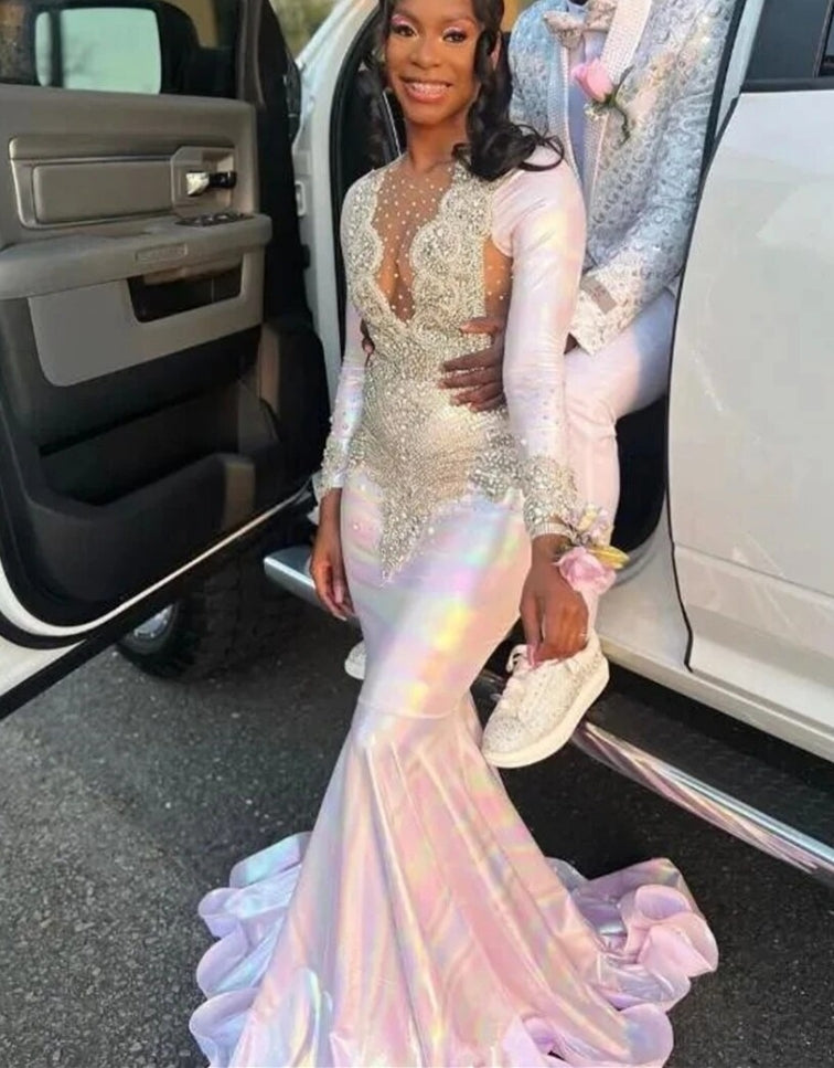 Colorful Mermaid Sliver Crystal Beading Prom Dresses Long Sleeve Luxury Designer Party Black Girls African Bespoke Gown