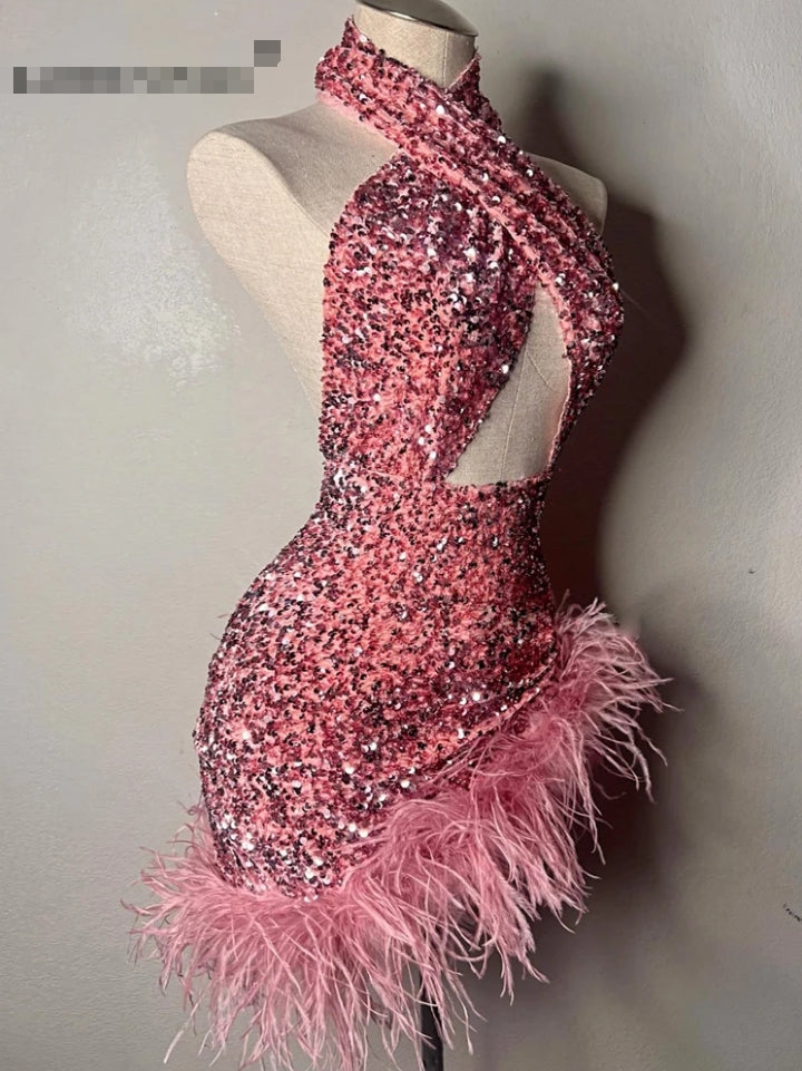 Long Sexy Hot Pink Women's Prom Dresses with Ostrich Feather Cocktail Dress Vestido De Fiesta