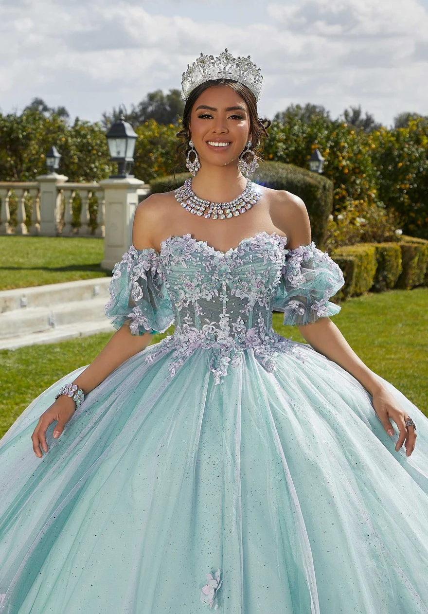 Mint Quinceanera Dress Ball Gown Flowers Puff Sleeve Corset Beading Appliques Princess Vestidos De 15 Años